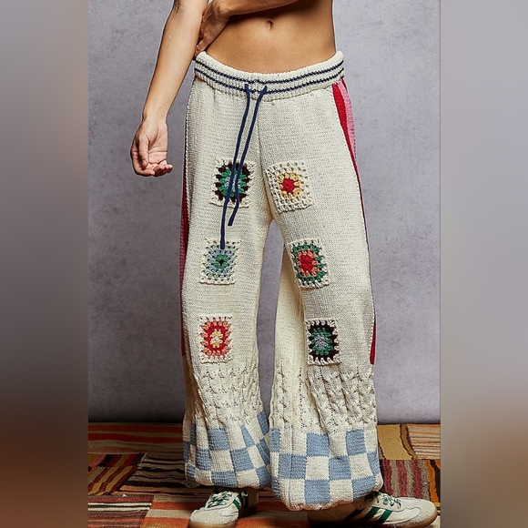 POL Pants - POL Granny Square Patchwork Cable Knit Chenille Sweater Jogger Pants